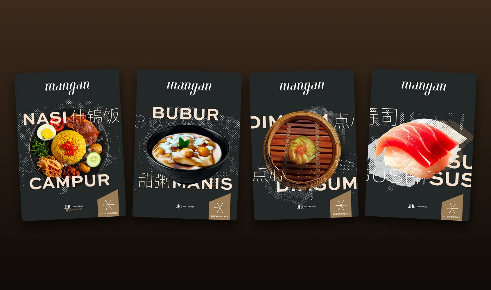 The table cards: nasi campur, bubur manis, dimsum and sushi